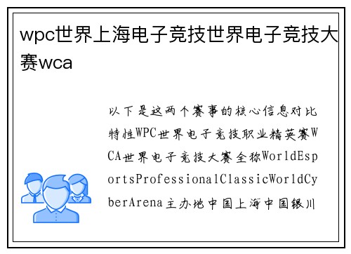 wpc世界上海电子竞技世界电子竞技大赛wca